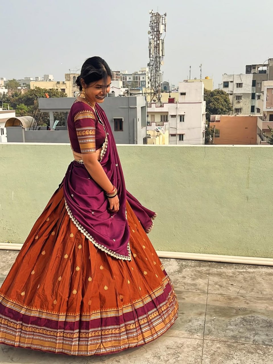 Rust Orange & Deep Magenta Purple Soft Gadwal Silk Pure Zari Work South Indian Half Saree Langa Voni Set