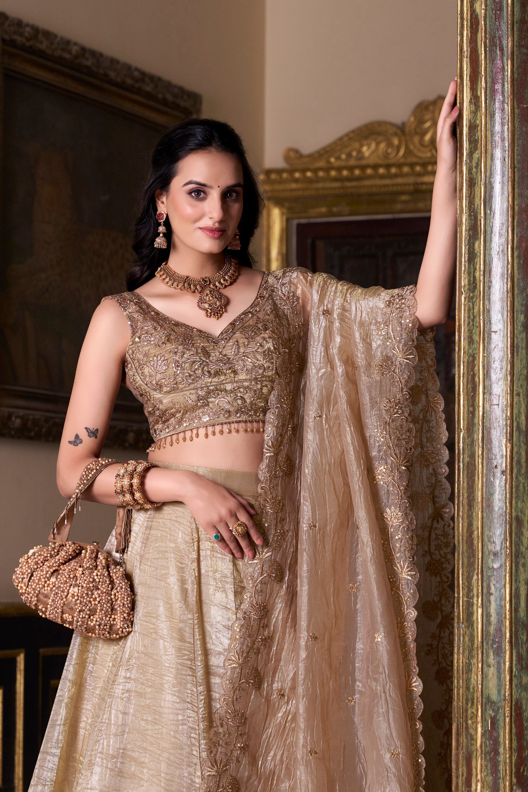 Chiku Gold Crush Lehenga with Sequins & Thread Embroidery – Designer Wedding & Party Wear Lehenga