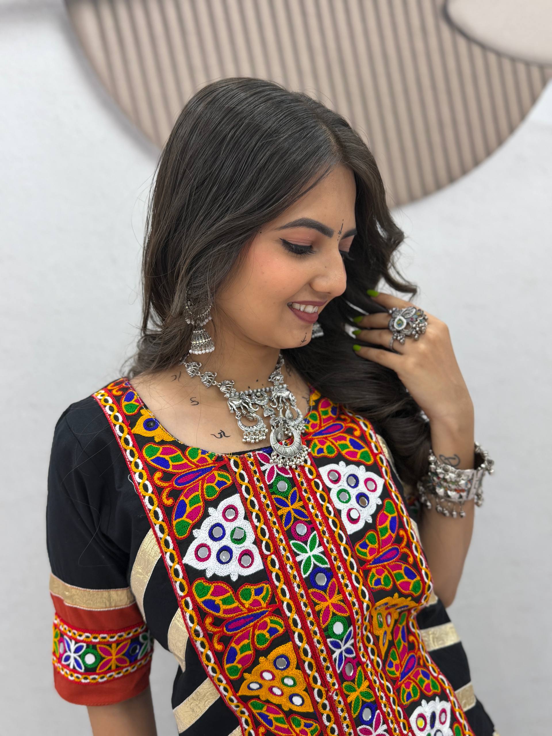 Black & Rust Red Pure Cotton Kediyu Style Navratri Lehenga Choli Set with Traditional Kutchi Patchwork, Gota Patti & Real Mirror Embroidery