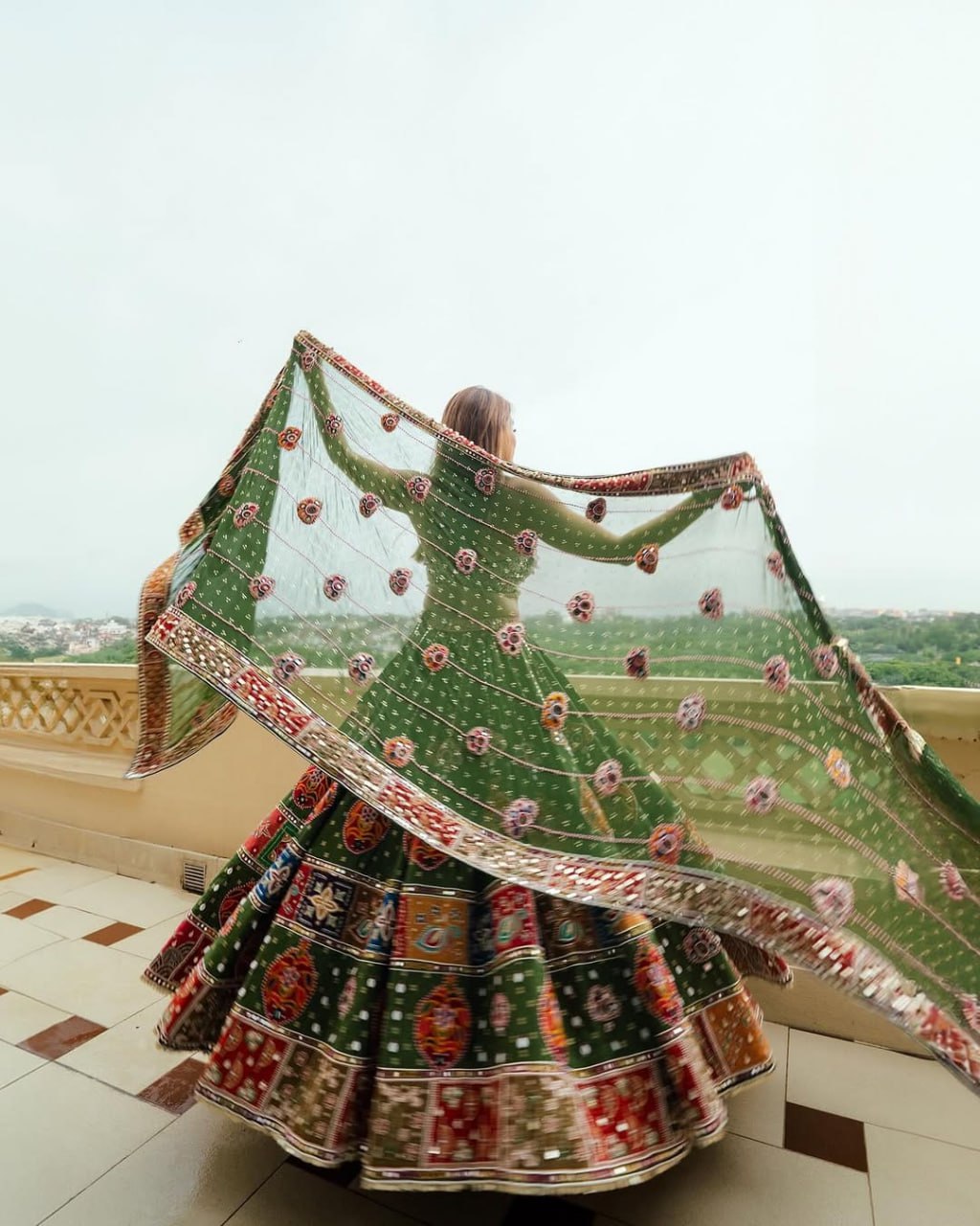 Green Beautiful Digital Print Real Mirror Work Navratri Lehenga Choli