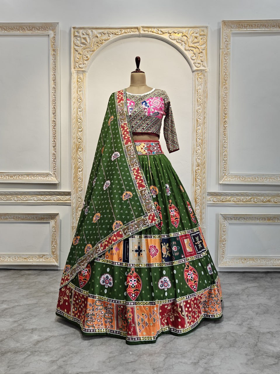 Green Beautiful Digital Print Real Mirror Work Navratri Lehenga Choli