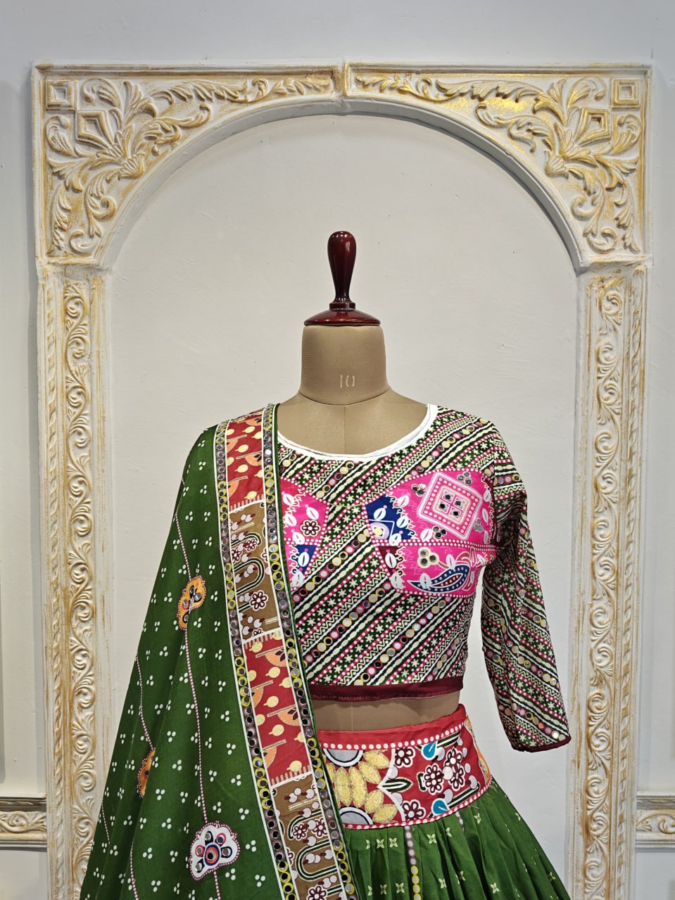 Green Beautiful Digital Print Real Mirror Work Navratri Lehenga Choli