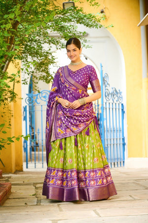 Mehendi Green Lichi Silk Lehenga with Traditional Jacquard Border and Jari Lining Print by The Beauty Queen Surat