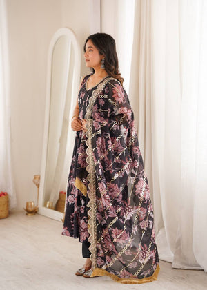 Festive black floral print Anarkali suit with sequin dupatta for receptions