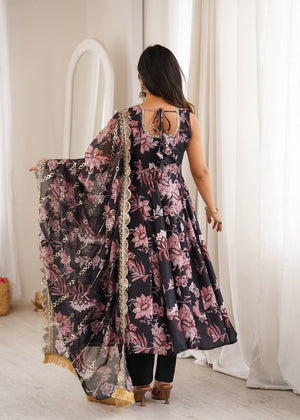 Designer black muslin floral Anarkali suit with scalloped embroidered dupatta