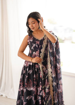 Black and pink floral Anarkali with sequin lace neckline and flared kali silhouette
