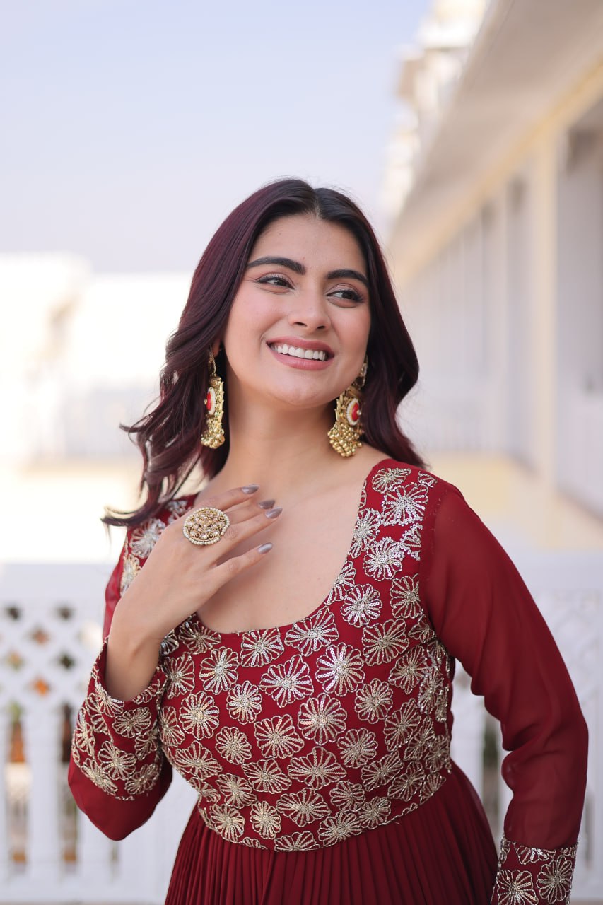 Maroon Faux Blooming Georgette Gown with Sequins Embroidery – Designer Party & Wedding Wear Gown