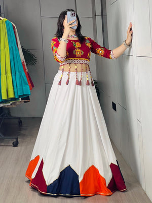 Traditional Gujarati Navratri chaniya choli white with Kutchi embroidery blouse for garba