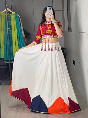 White rayon cotton Navratri chaniya choli with multicolour triangle kali and Gamthi embroidered blouse