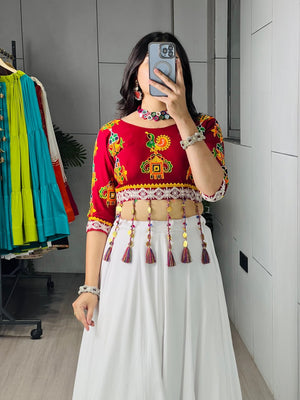 Garba chaniya choli white with multicolour triangle patchwork hem and mirror work blouse