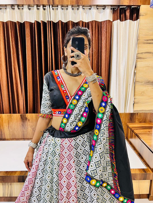 White Pure Cotton Silk Printed With Emboss Work Navratri Lehenga Choli