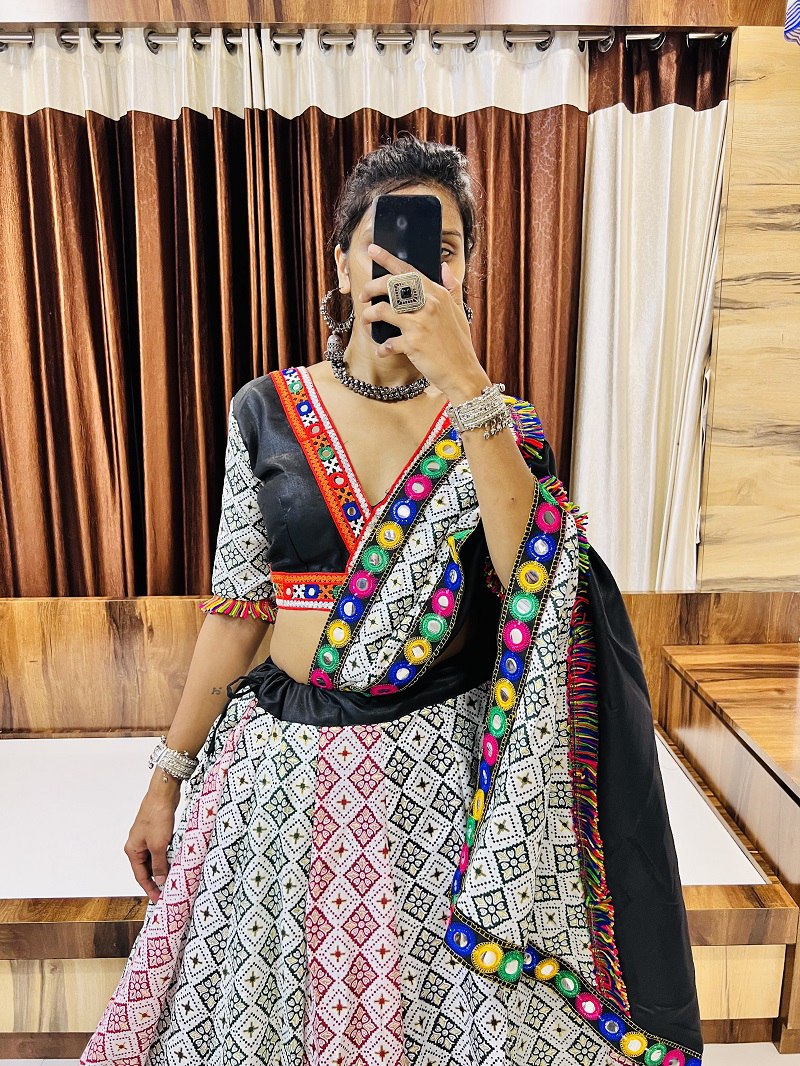 White Pure Cotton Silk Printed With Emboss Work Navratri Lehenga Choli