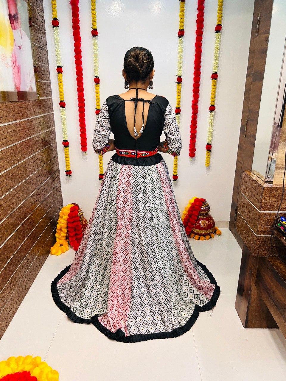 White Pure Cotton Silk Printed With Emboss Work Navratri Lehenga Choli