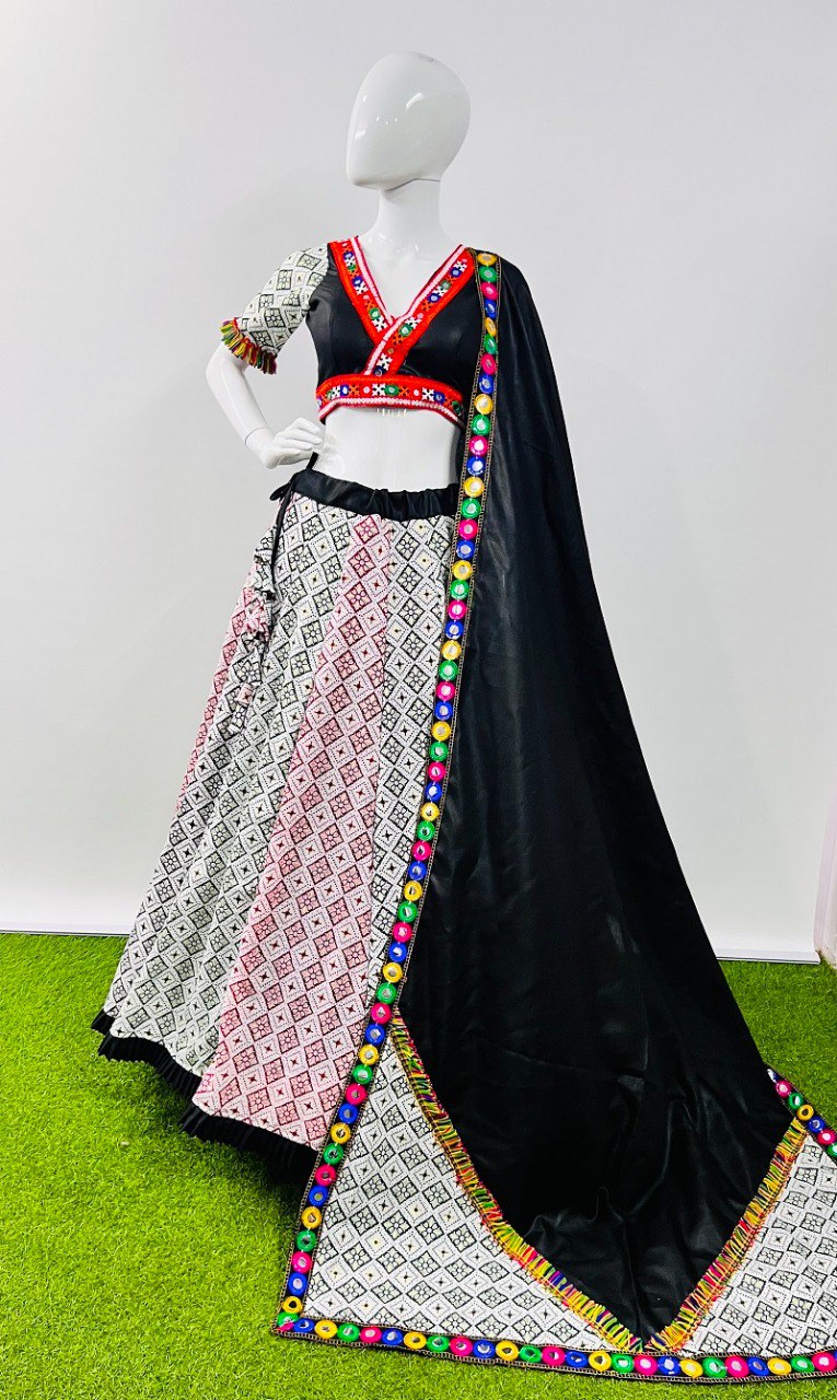 White Pure Cotton Silk Printed With Emboss Work Navratri Lehenga Choli
