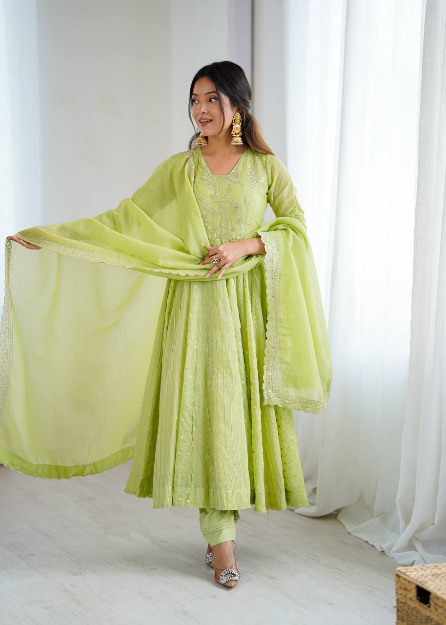Light Green Crunchy Silk Embroidery Sequence Work Anarkali Salwar Suit