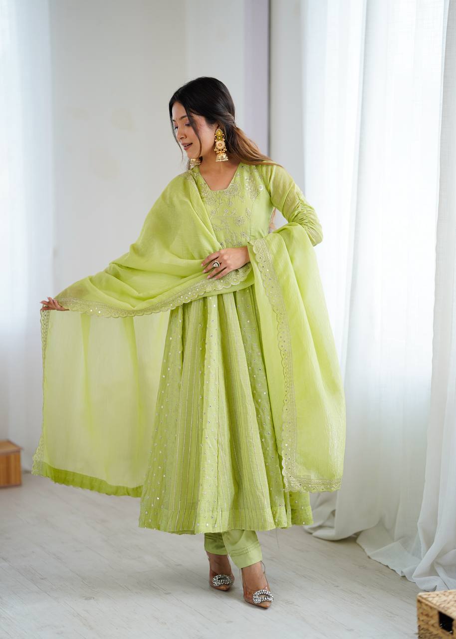 Light Green Crunchy Silk Embroidery Sequence Work Anarkali Salwar Suit