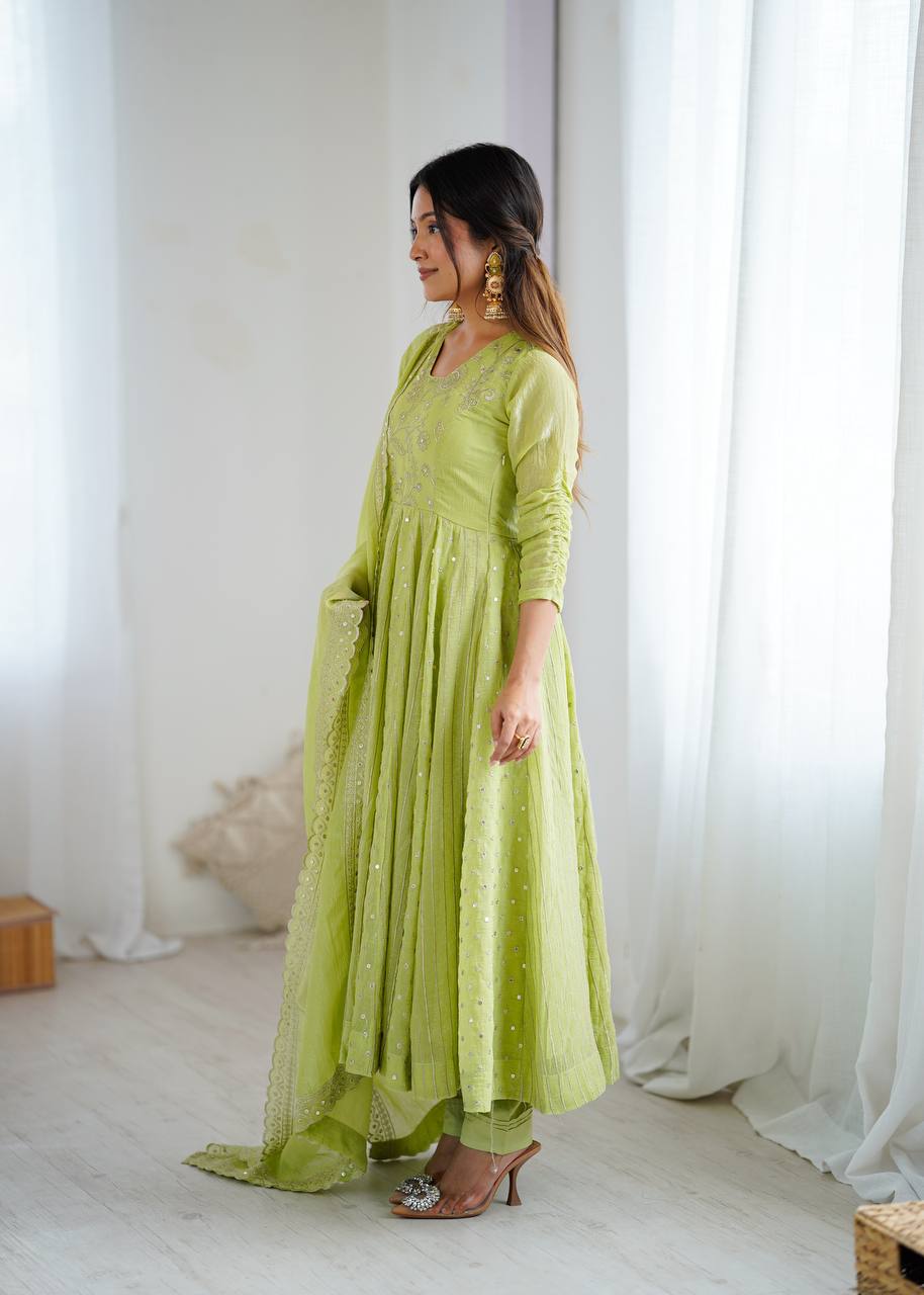 Light Green Crunchy Silk Embroidery Sequence Work Anarkali Salwar Suit