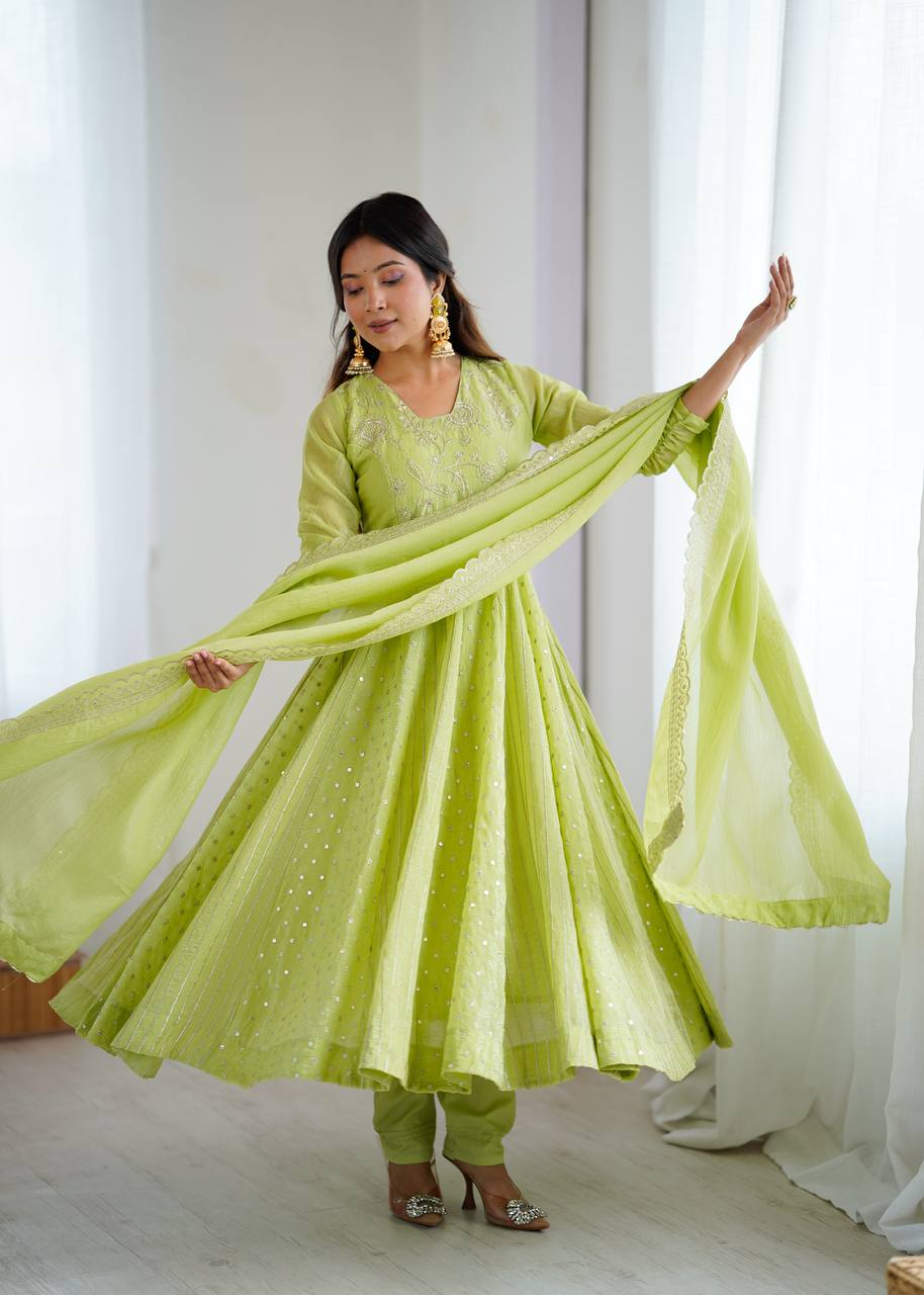 Light Green Crunchy Silk Embroidery Sequence Work Anarkali Salwar Suit