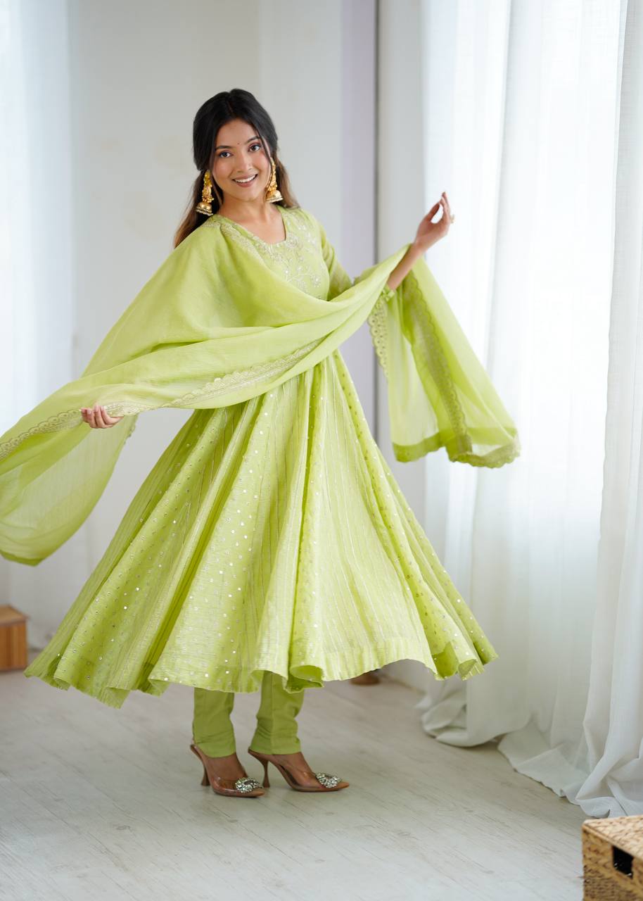 Light Green Crunchy Silk Embroidery Sequence Work Anarkali Salwar Suit