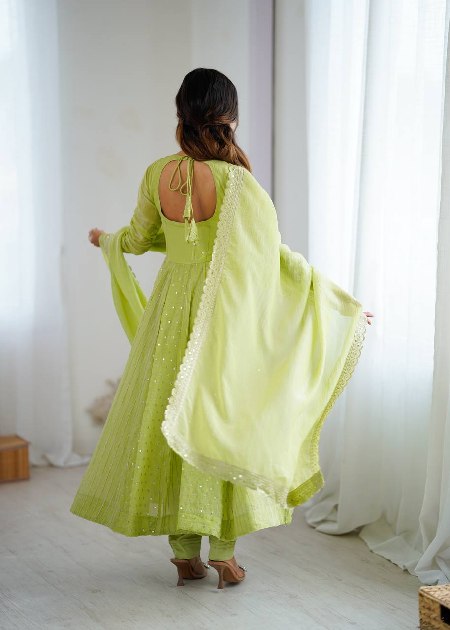 Light Green Crunchy Silk Embroidery Sequence Work Anarkali Salwar Suit
