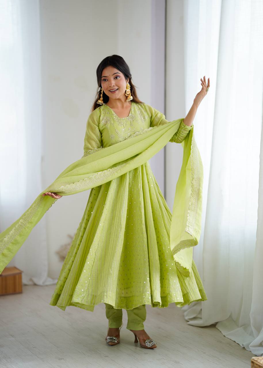 Light Green Crunchy Silk Embroidery Sequence Work Anarkali Salwar Suit