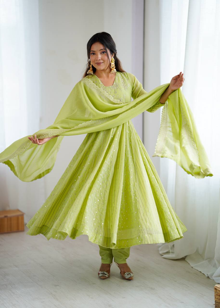 Light Green Crunchy Silk Embroidery Sequence Work Anarkali Salwar Suit