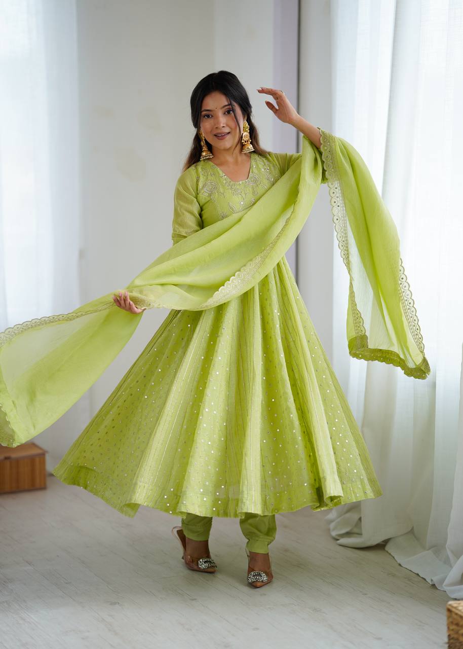 Light Green Crunchy Silk Embroidery Sequence Work Anarkali Salwar Suit