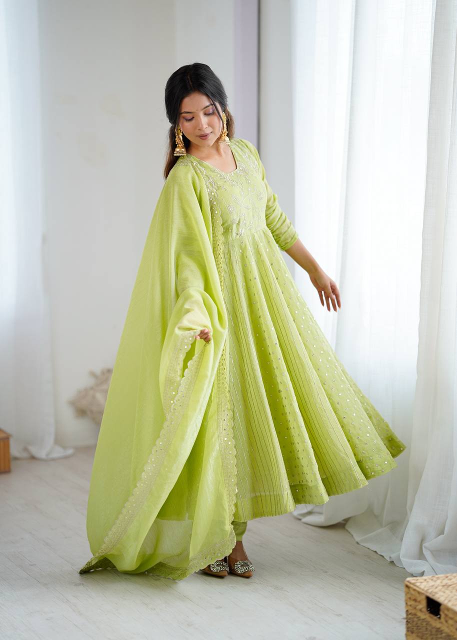 Light Green Crunchy Silk Embroidery Sequence Work Anarkali Salwar Suit