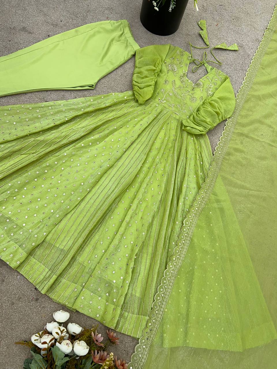 Light Green Crunchy Silk Embroidery Sequence Work Anarkali Salwar Suit
