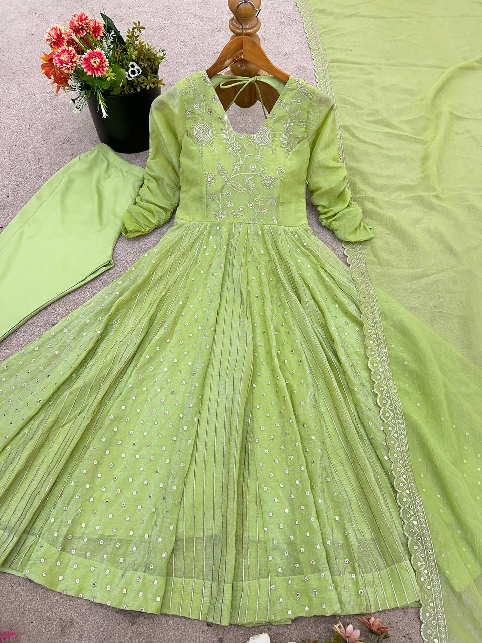 Light Green Crunchy Silk Embroidery Sequence Work Anarkali Salwar Suit
