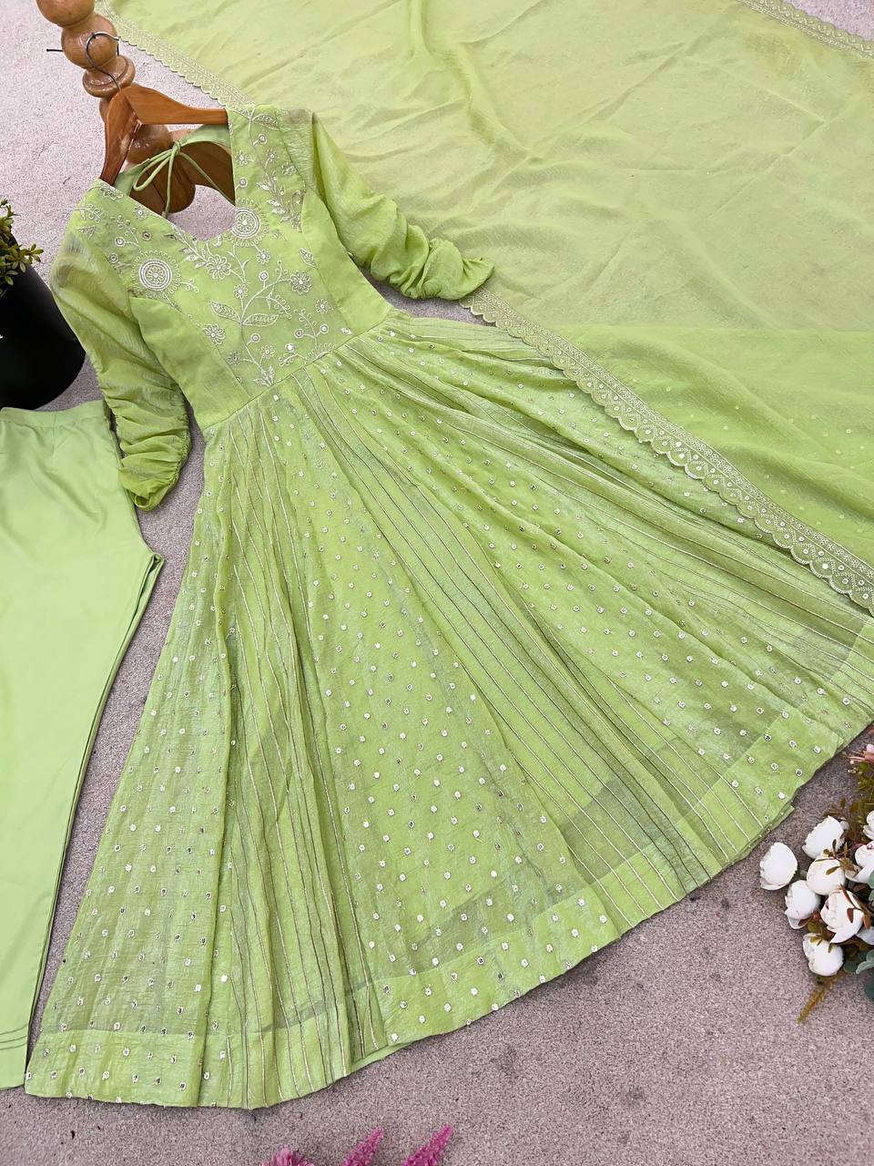 Light Green Crunchy Silk Embroidery Sequence Work Anarkali Salwar Suit