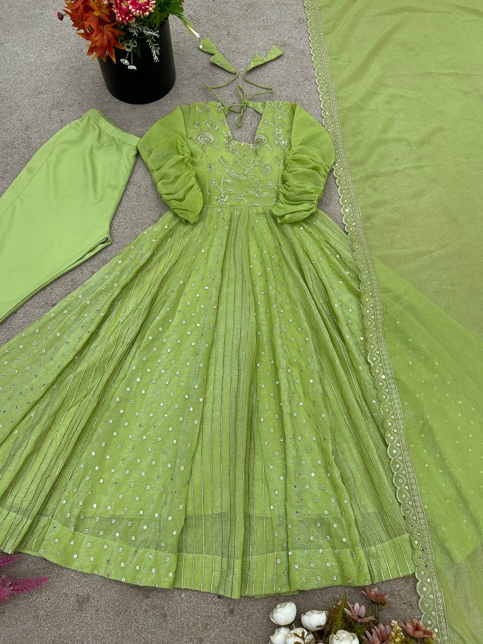 Light Green Crunchy Silk Embroidery Sequence Work Anarkali Salwar Suit