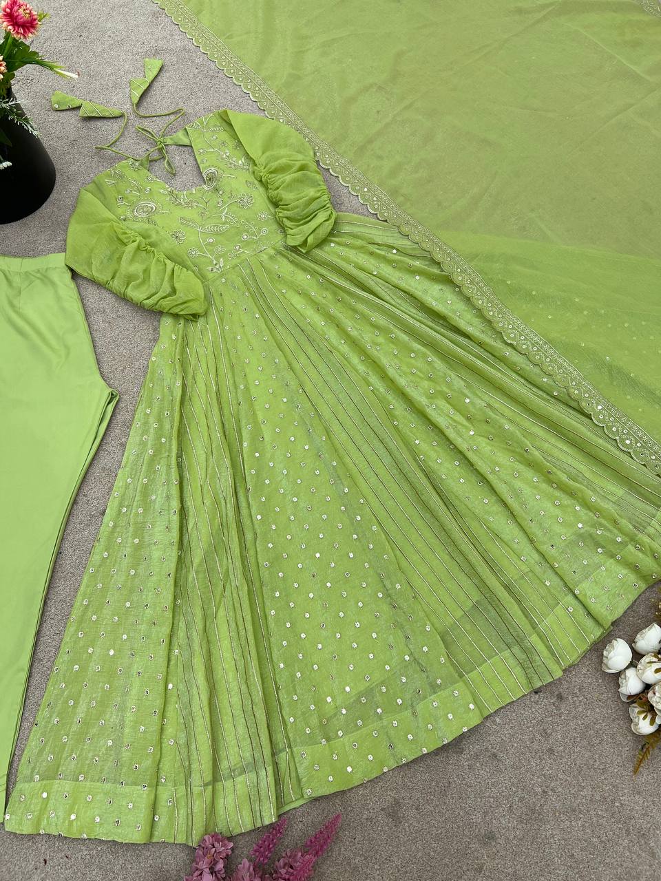 Light Green Crunchy Silk Embroidery Sequence Work Anarkali Salwar Suit