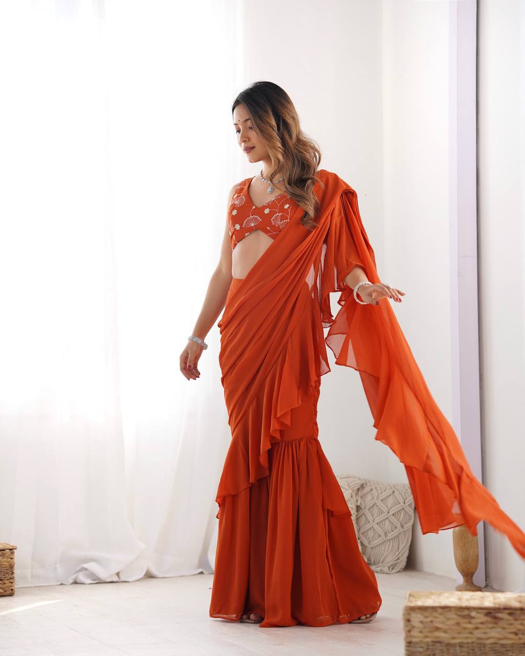 Rust Pure Fox Georgette Emrboidey Jari Work Sharara Saree