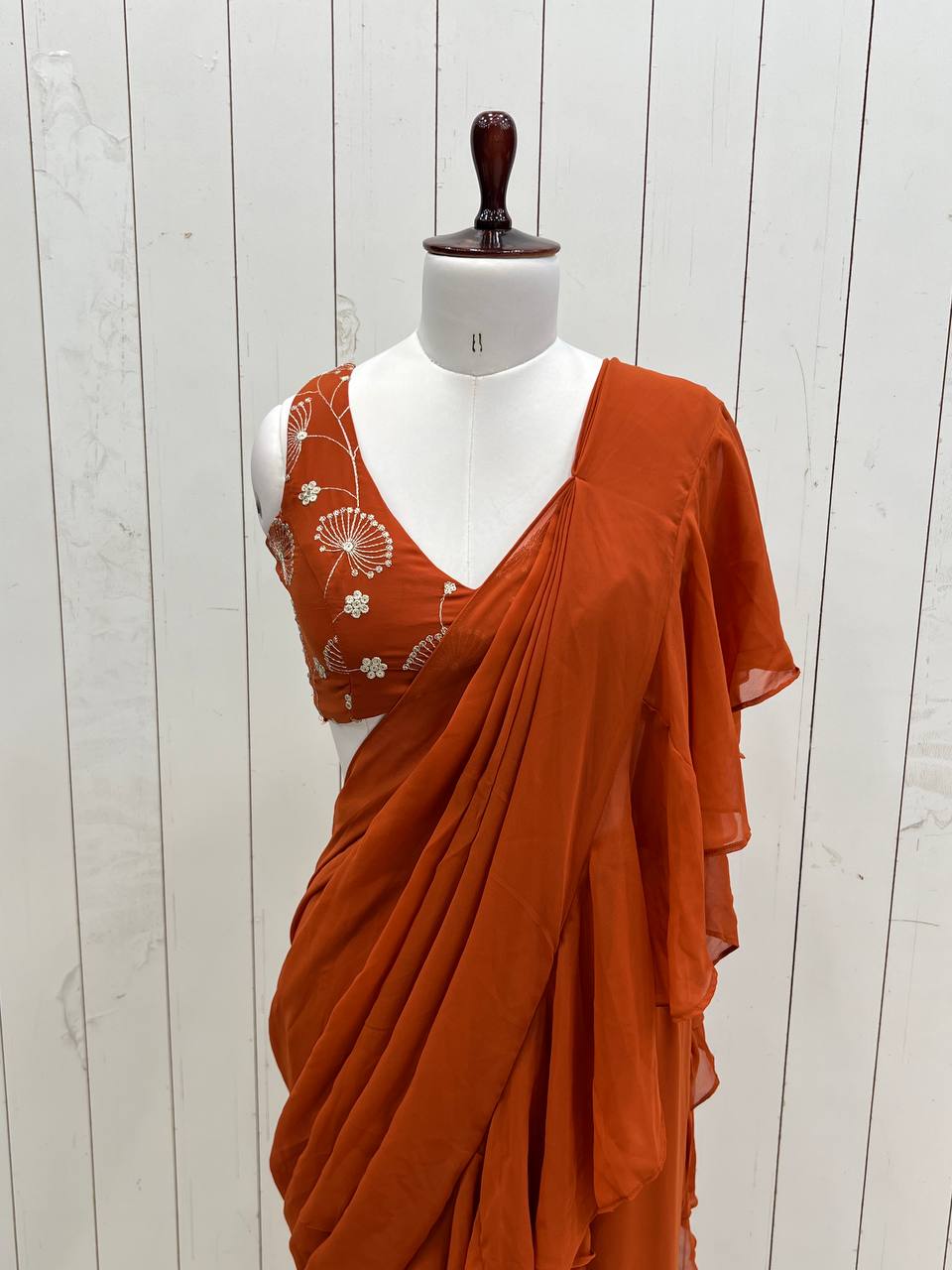 Rust Pure Fox Georgette Emrboidey Jari Work Sharara Saree
