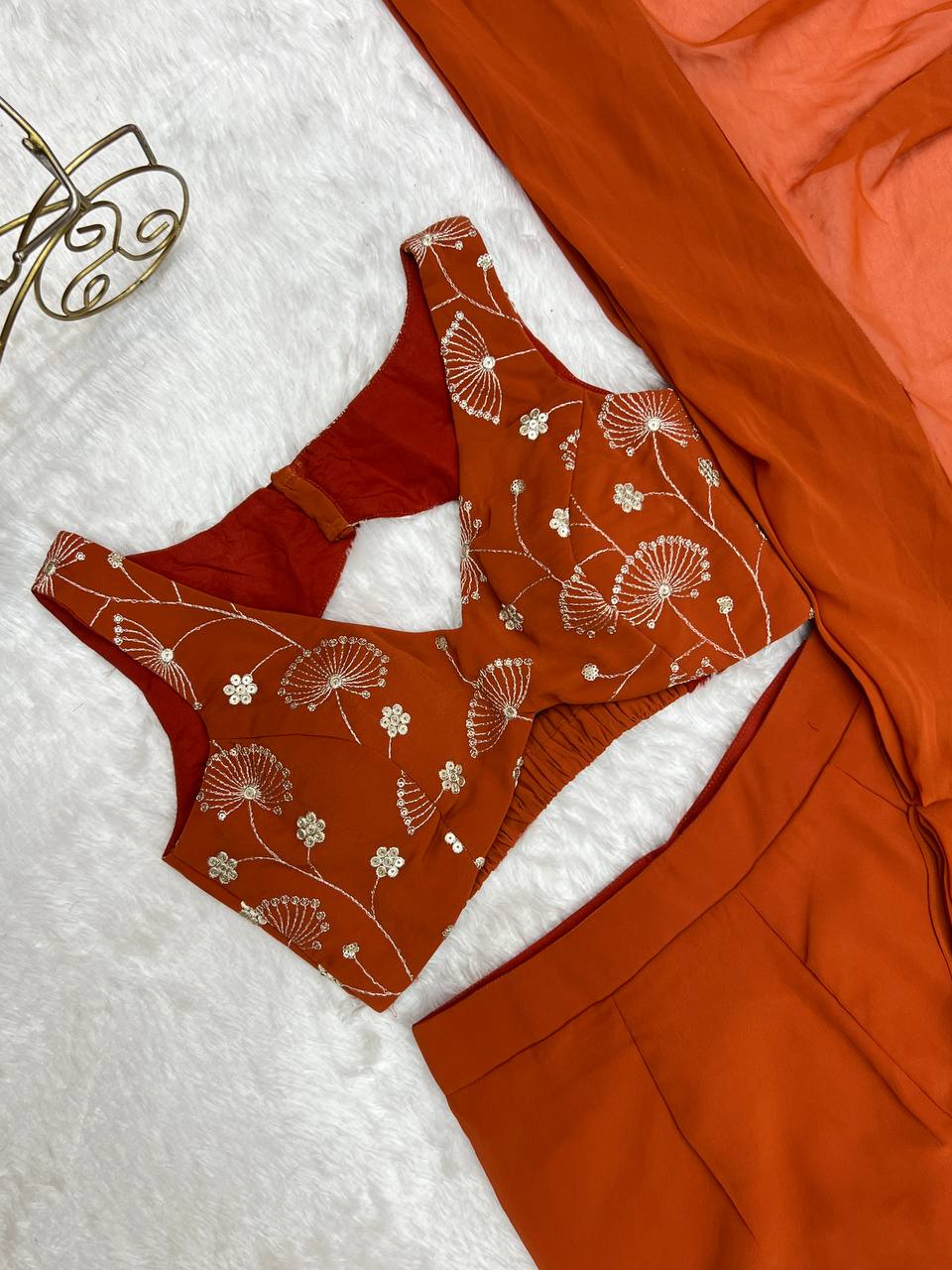 Rust Pure Fox Georgette Emrboidey Jari Work Sharara Saree