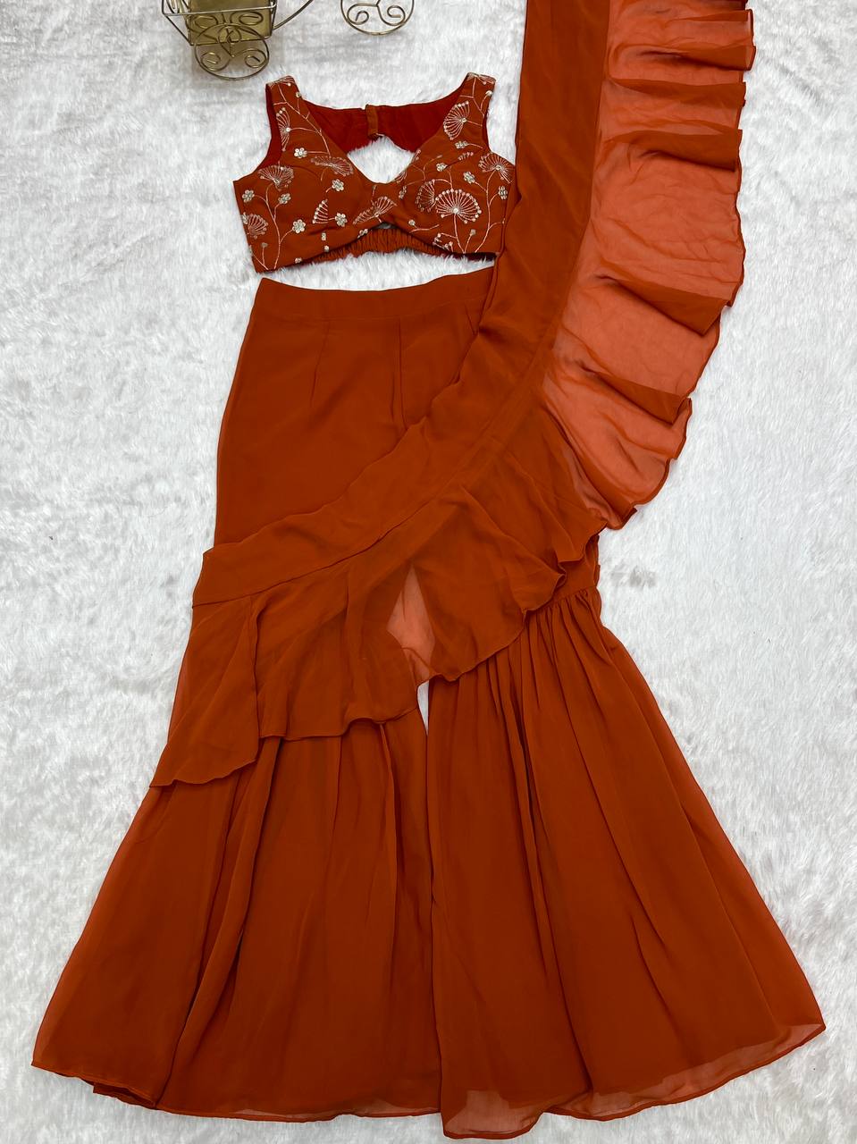 Rust Pure Fox Georgette Emrboidey Jari Work Sharara Saree