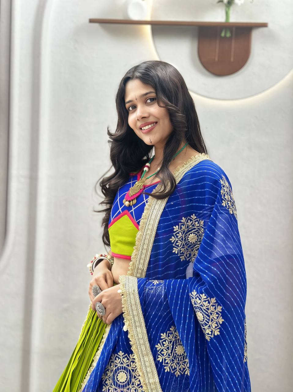 Parrot Green & Royal Blue Pure Cotton Navratri Lehenga Choli Set with Heavy Ribbon Work, Lampi Lace Borders & Embroidered Dupatta