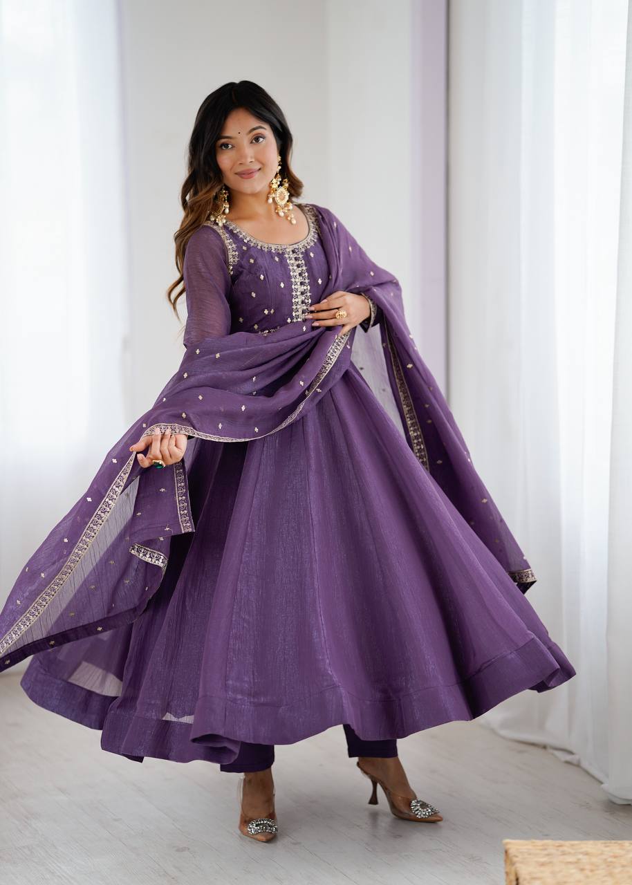 Lavender Pure Crunchy Silk Embroidery Sequence Work Anarkali Salwar Suit