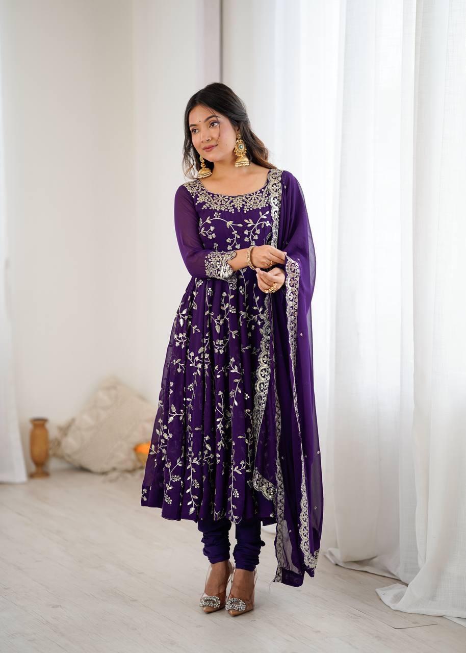 Purple Georgette Embroidery Sequence Work Fully Flair Anarkali Salwar Suit