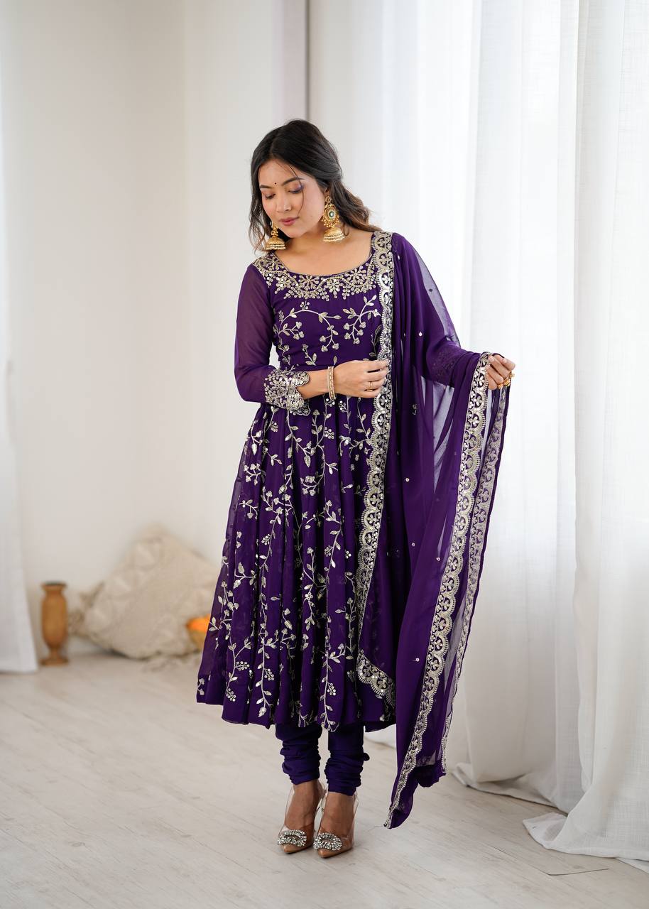 Purple Georgette Embroidery Sequence Work Fully Flair Anarkali Salwar Suit