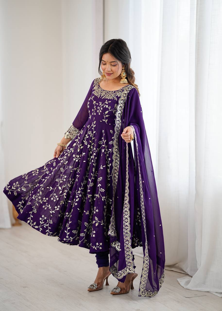 Purple Georgette Embroidery Sequence Work Fully Flair Anarkali Salwar Suit