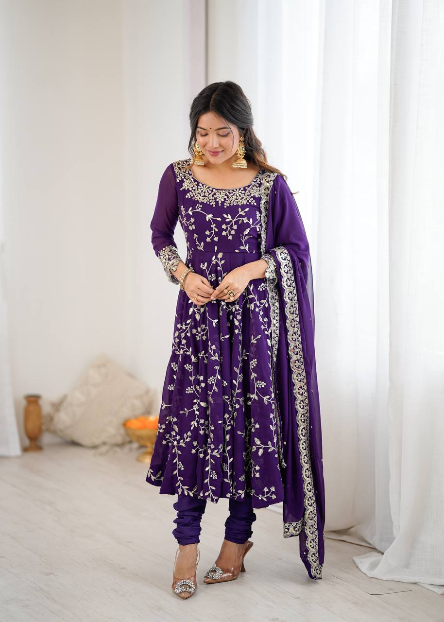 Purple Georgette Embroidery Sequence Work Fully Flair Anarkali Salwar Suit