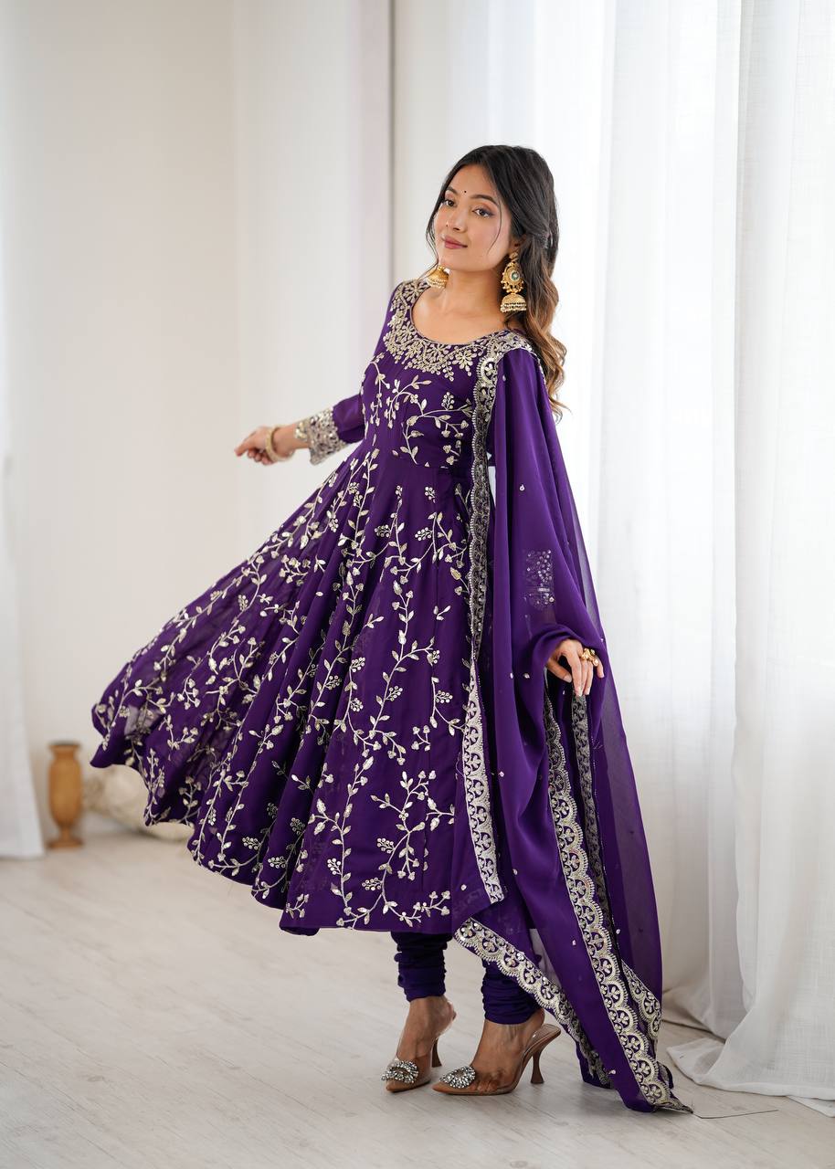 Purple Georgette Embroidery Sequence Work Fully Flair Anarkali Salwar Suit