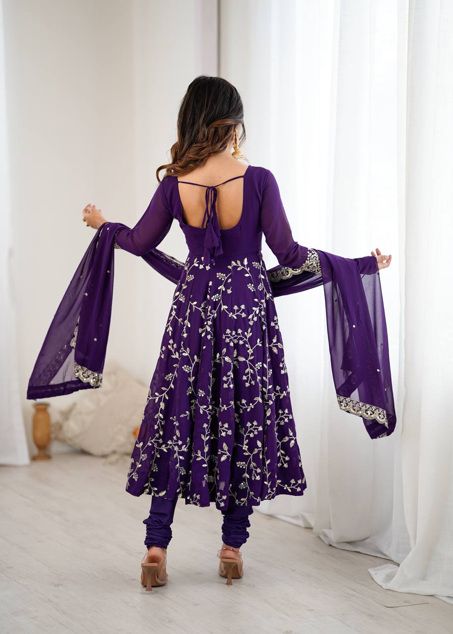 Purple Georgette Embroidery Sequence Work Fully Flair Anarkali Salwar Suit