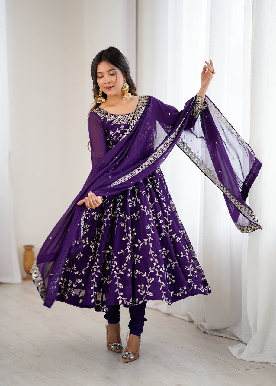Purple Georgette Embroidery Sequence Work Fully Flair Anarkali Salwar Suit
