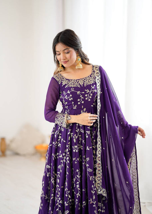 Purple Georgette Embroidery Sequence Work Fully Flair Anarkali Salwar Suit