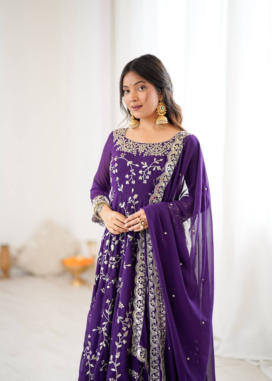 Purple Georgette Embroidery Sequence Work Fully Flair Anarkali Salwar Suit