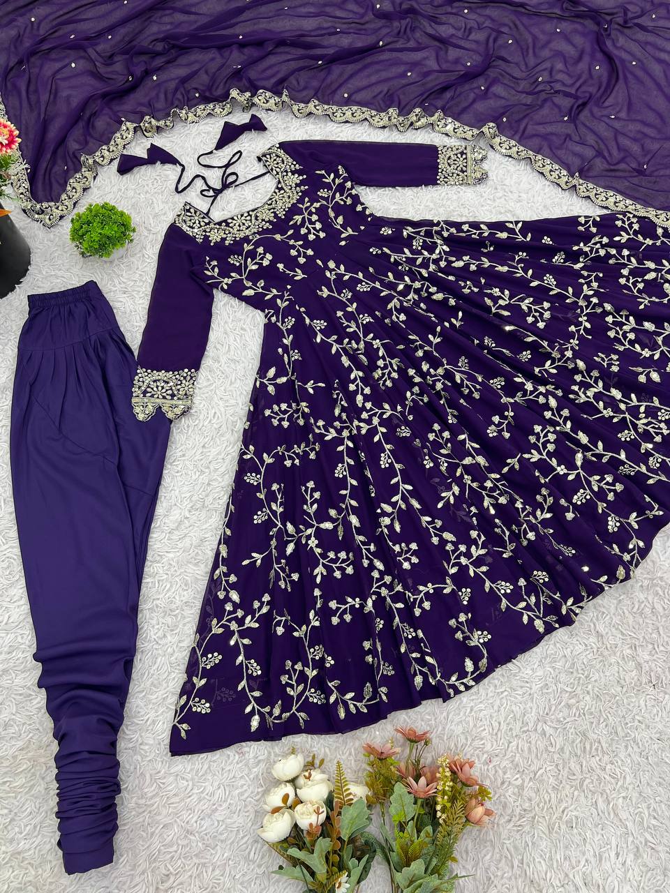 Purple Georgette Embroidery Sequence Work Fully Flair Anarkali Salwar Suit
