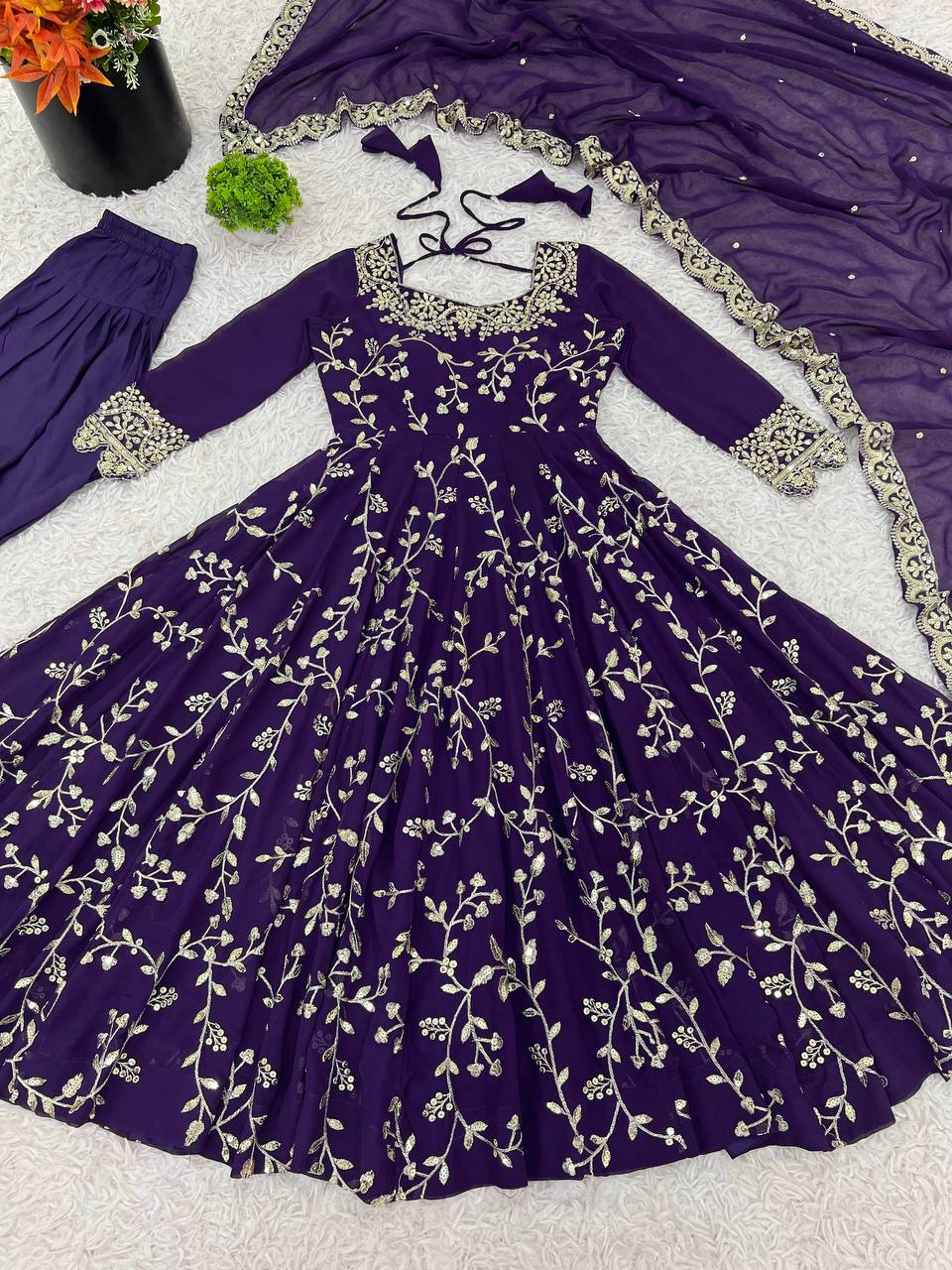 Purple Georgette Embroidery Sequence Work Fully Flair Anarkali Salwar Suit